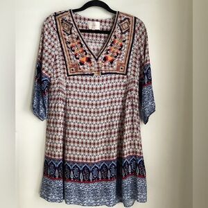 Skies Are Blue Dress Womens XS Blue Tan Embroidered Tunic Festival Boho Casual